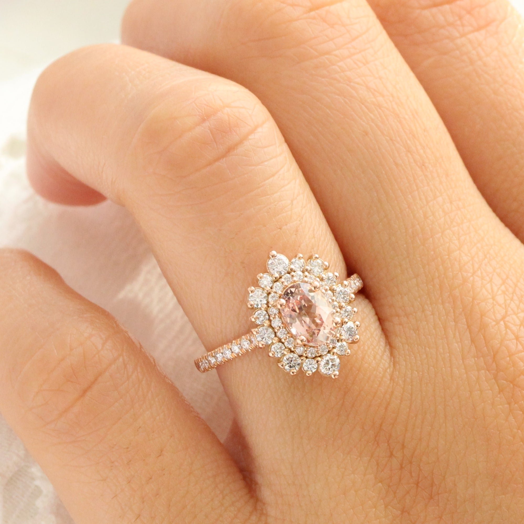 Oval peach sapphire pave ring rose gold double halo diamond engagement ring la more design jewelry