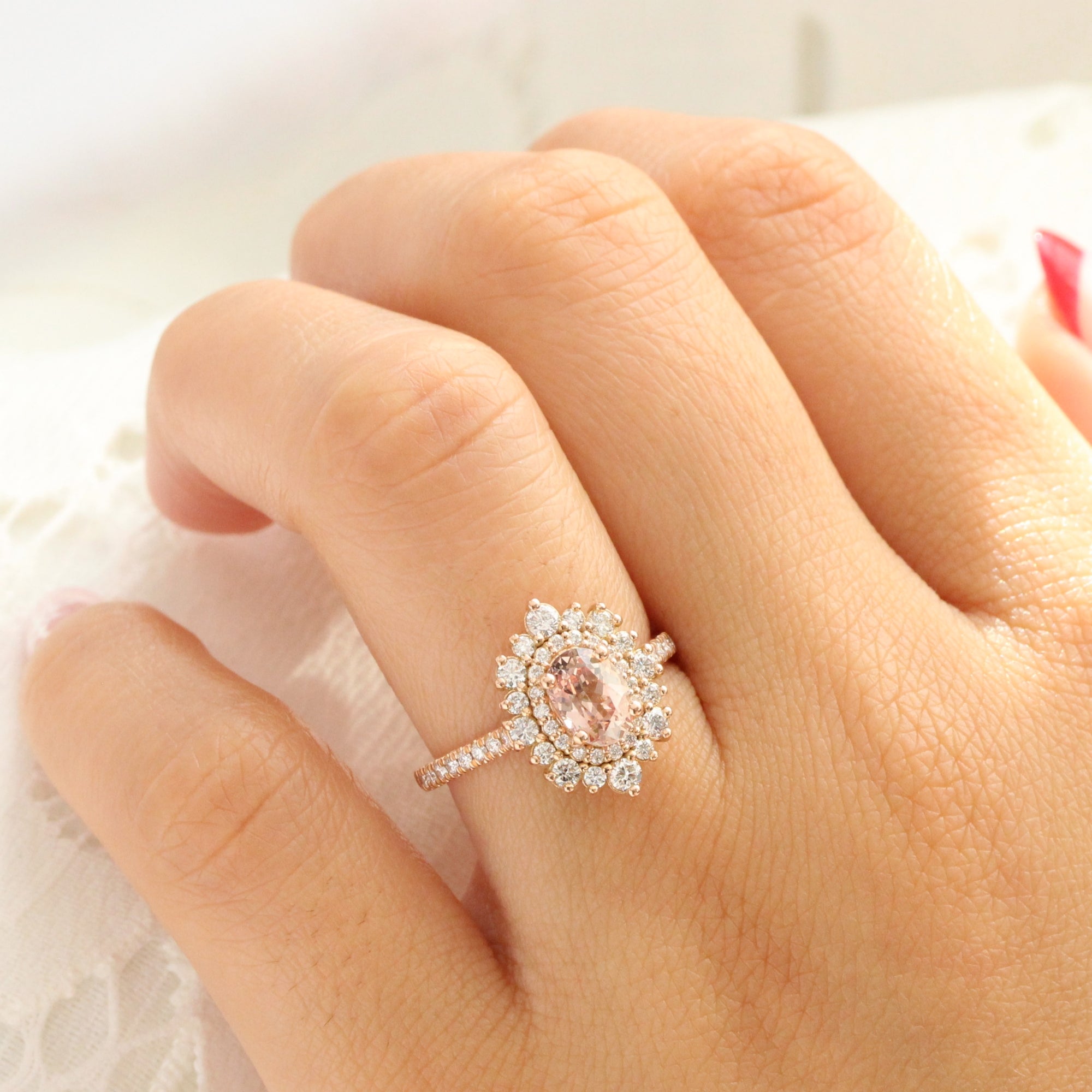 Oval peach sapphire pave ring rose gold double halo diamond engagement ring la more design jewelry