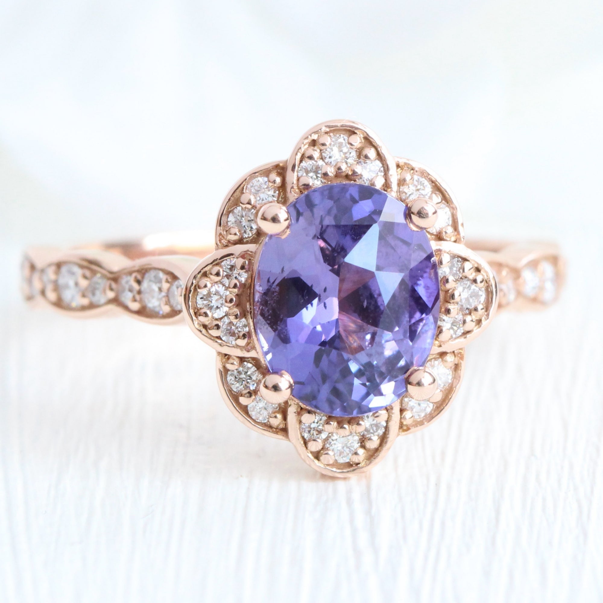 Oval purple sapphire diamond ring rose gold vintage floral sapphire ring la more design jewelry