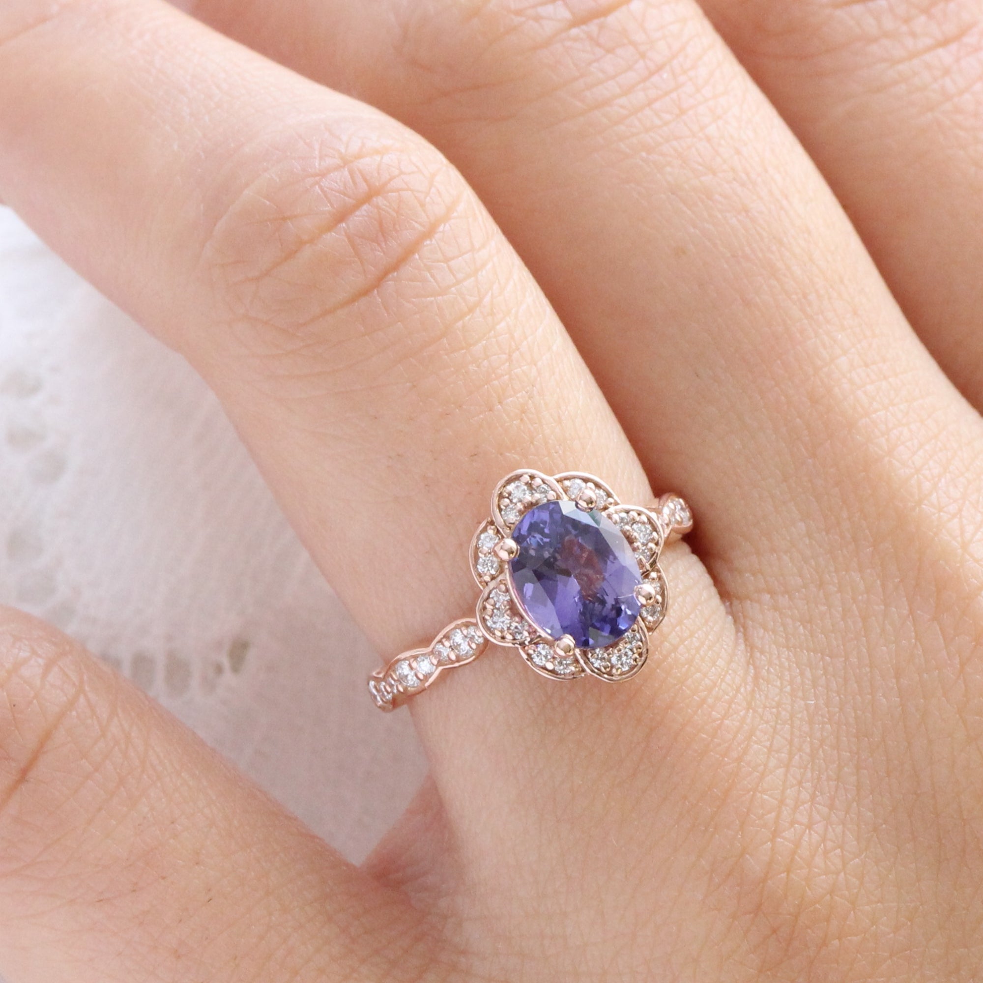 Oval purple sapphire diamond ring rose gold vintage floral sapphire ring la more design jewelry