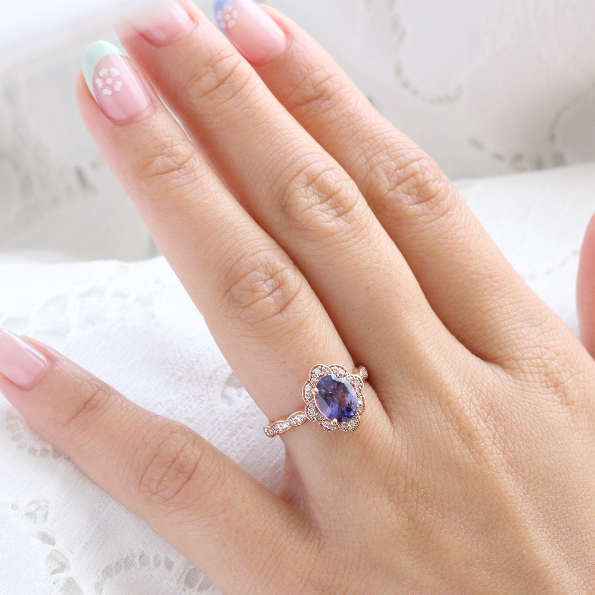 Oval purple sapphire diamond ring rose gold vintage floral sapphire ring la more design jewelry