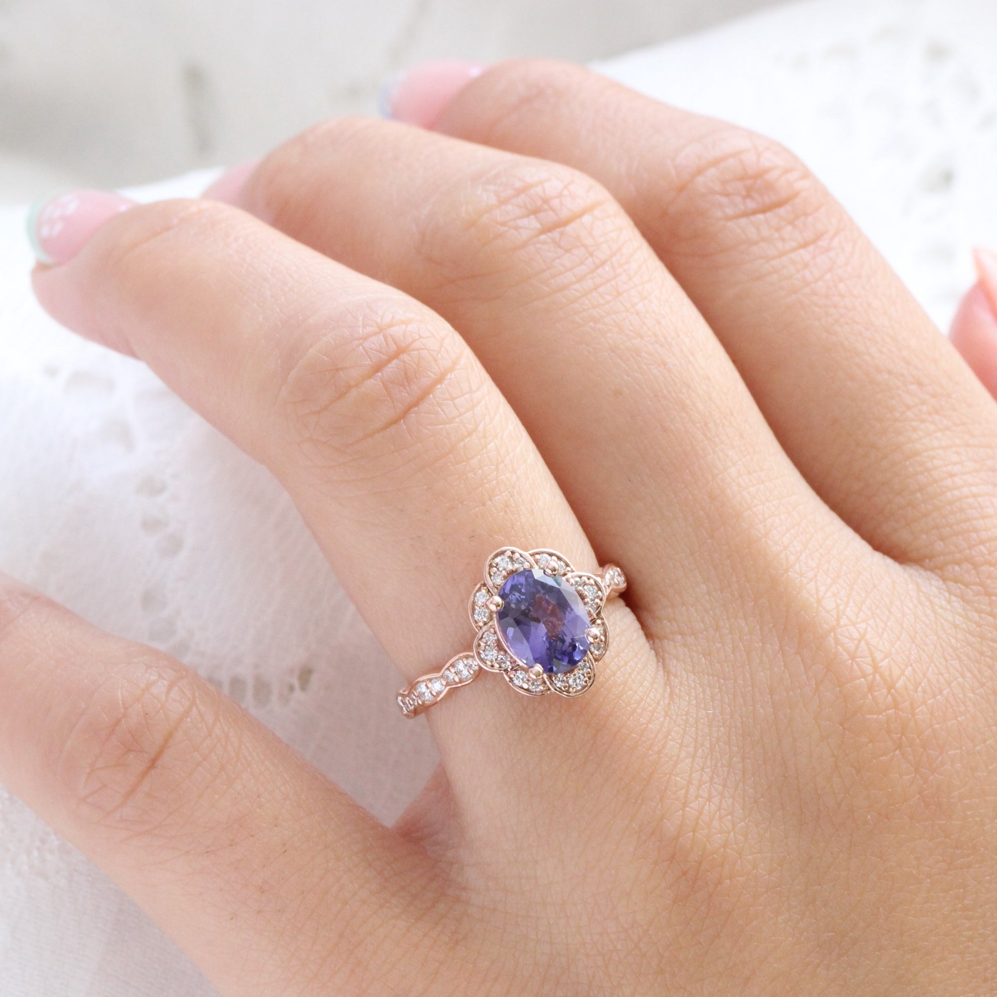 Oval purple sapphire diamond ring rose gold vintage floral sapphire ring la more design jewelry