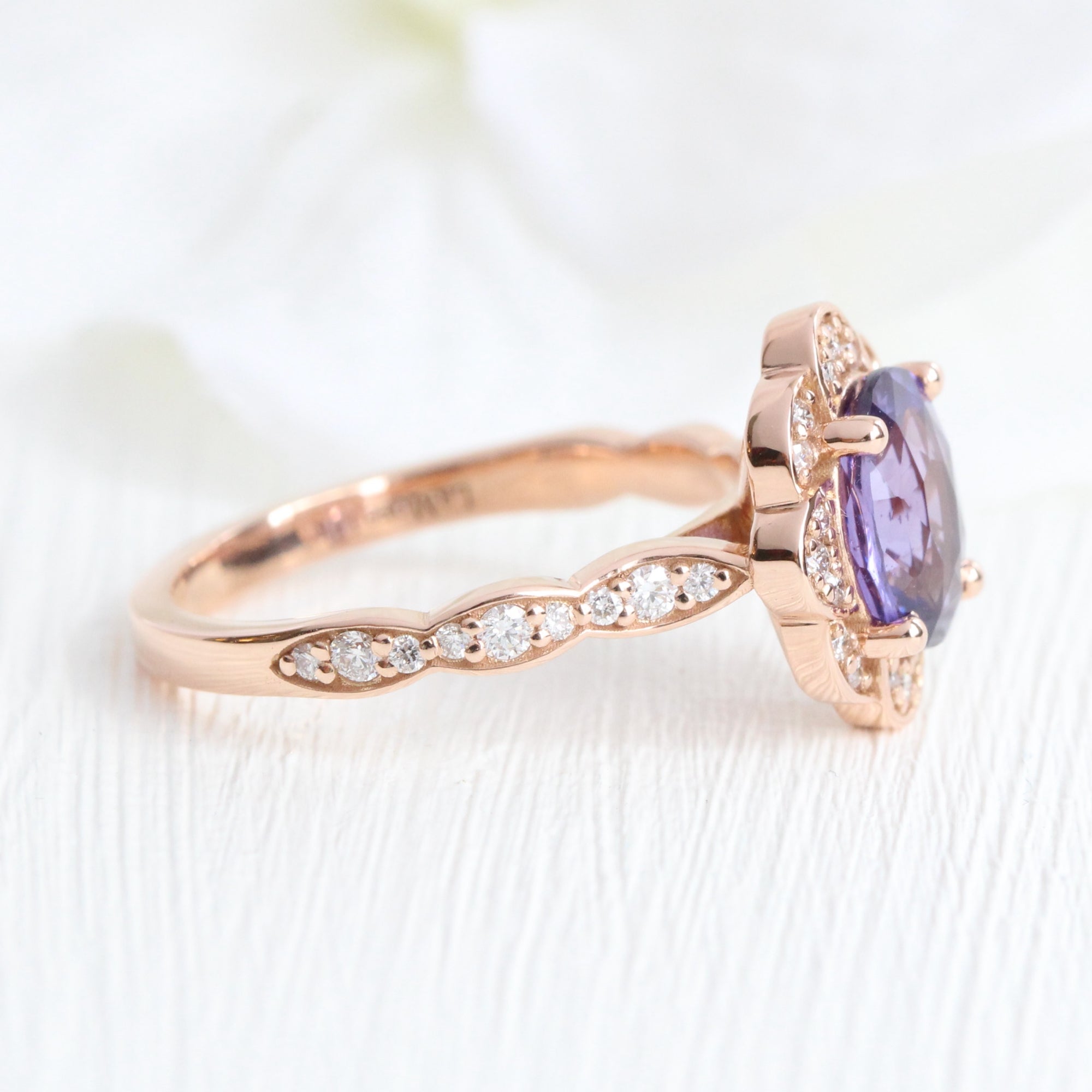 Oval purple sapphire diamond ring rose gold vintage floral sapphire ring la more design jewelry