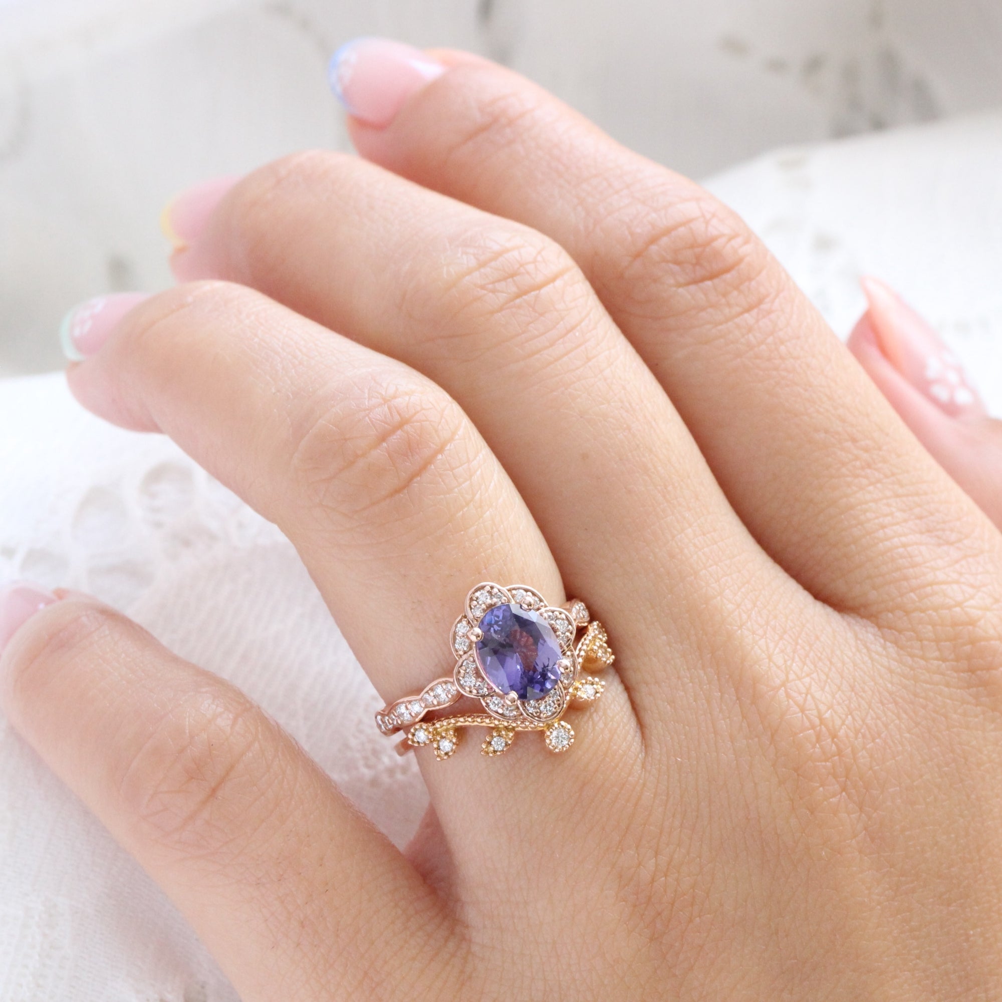 Oval purple sapphire diamond ring rose gold vintage floral sapphire ring la more design jewelry
