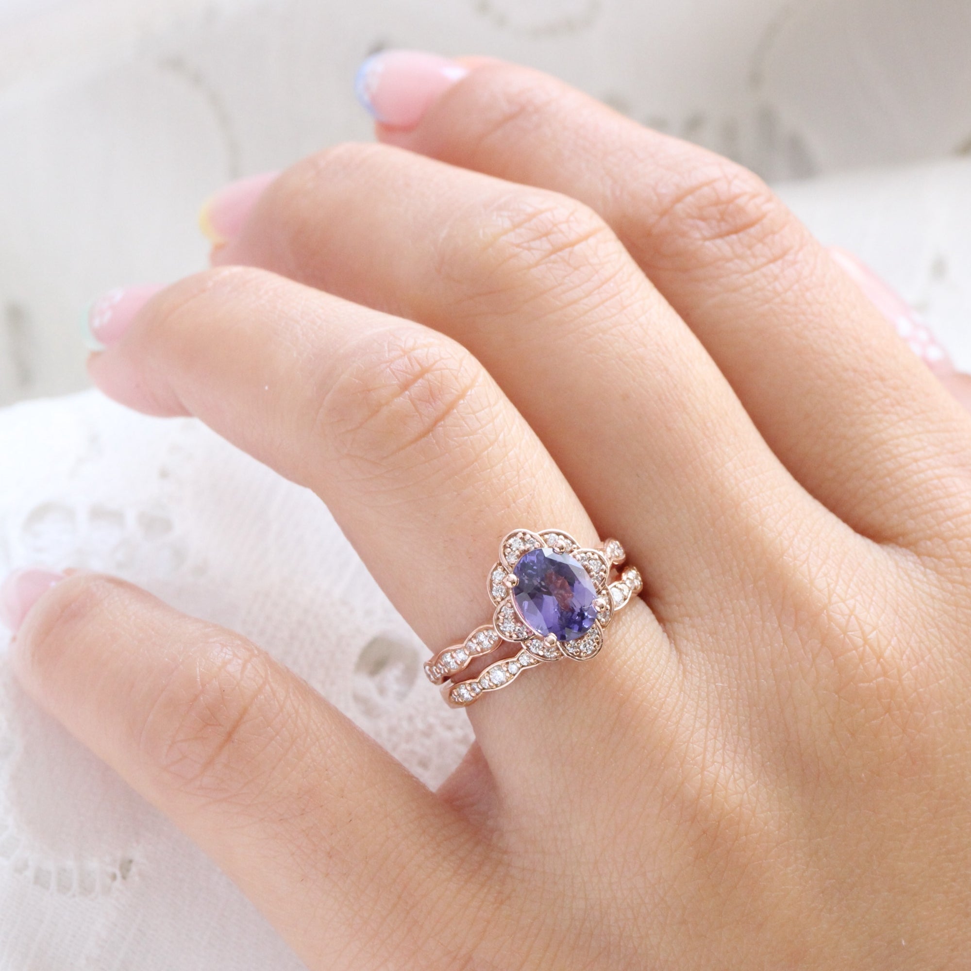 Oval purple sapphire diamond ring rose gold vintage floral sapphire ring la more design jewelry