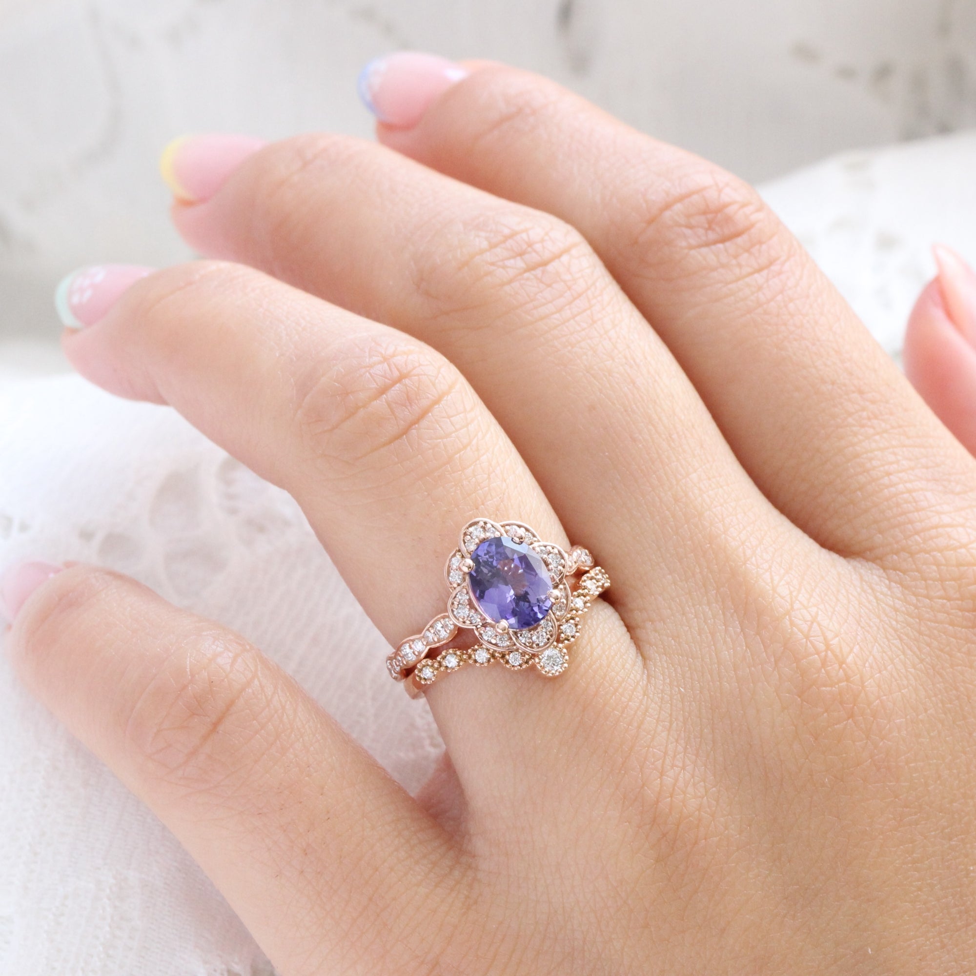 Oval purple sapphire diamond ring rose gold vintage floral sapphire ring la more design jewelry