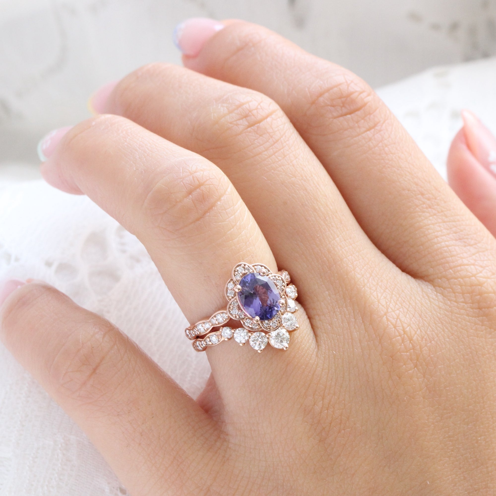 Oval purple sapphire diamond ring rose gold vintage floral sapphire ring la more design jewelry