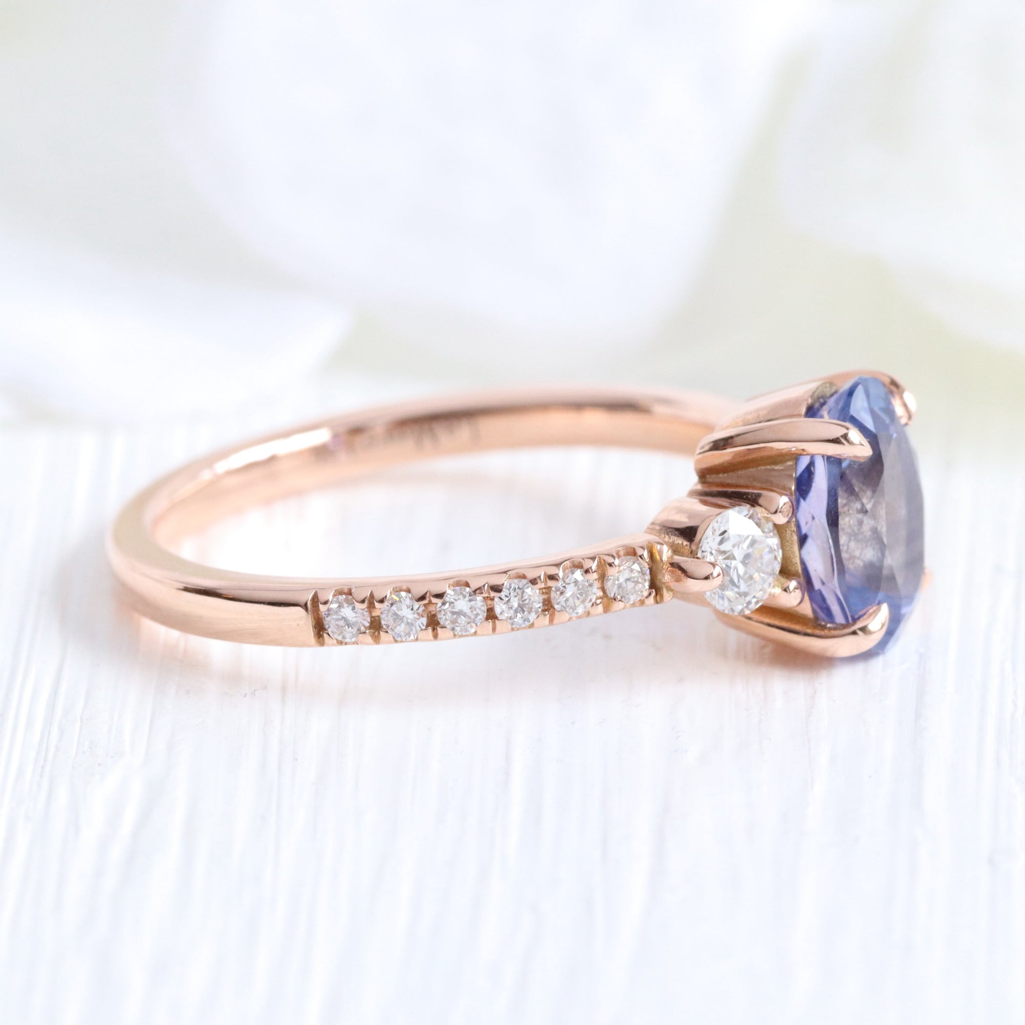 Oval purple sapphire ring rose gold 3 stone diamond ring la more design jewelry