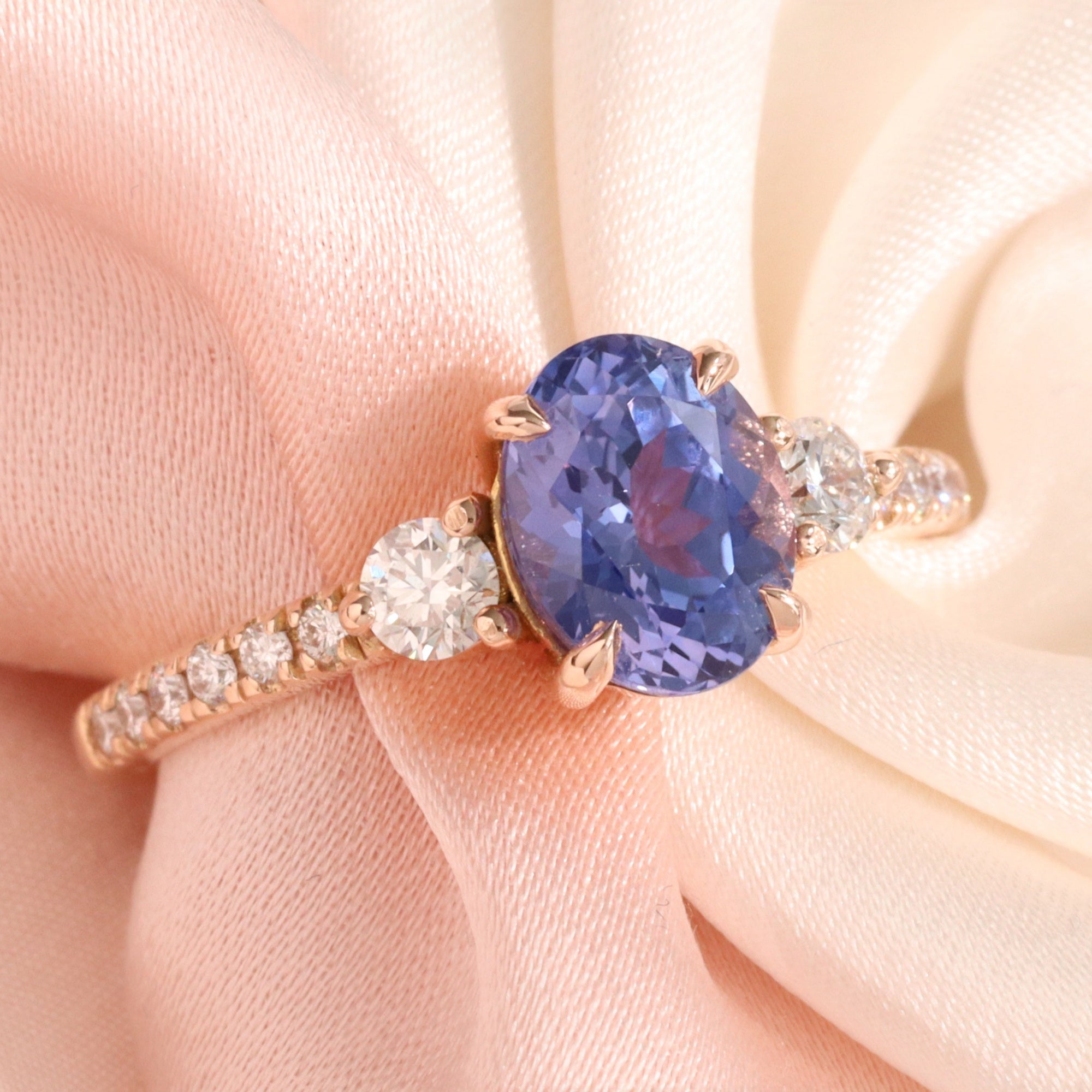 Oval purple sapphire ring rose gold 3 stone diamond ring la more design jewelry