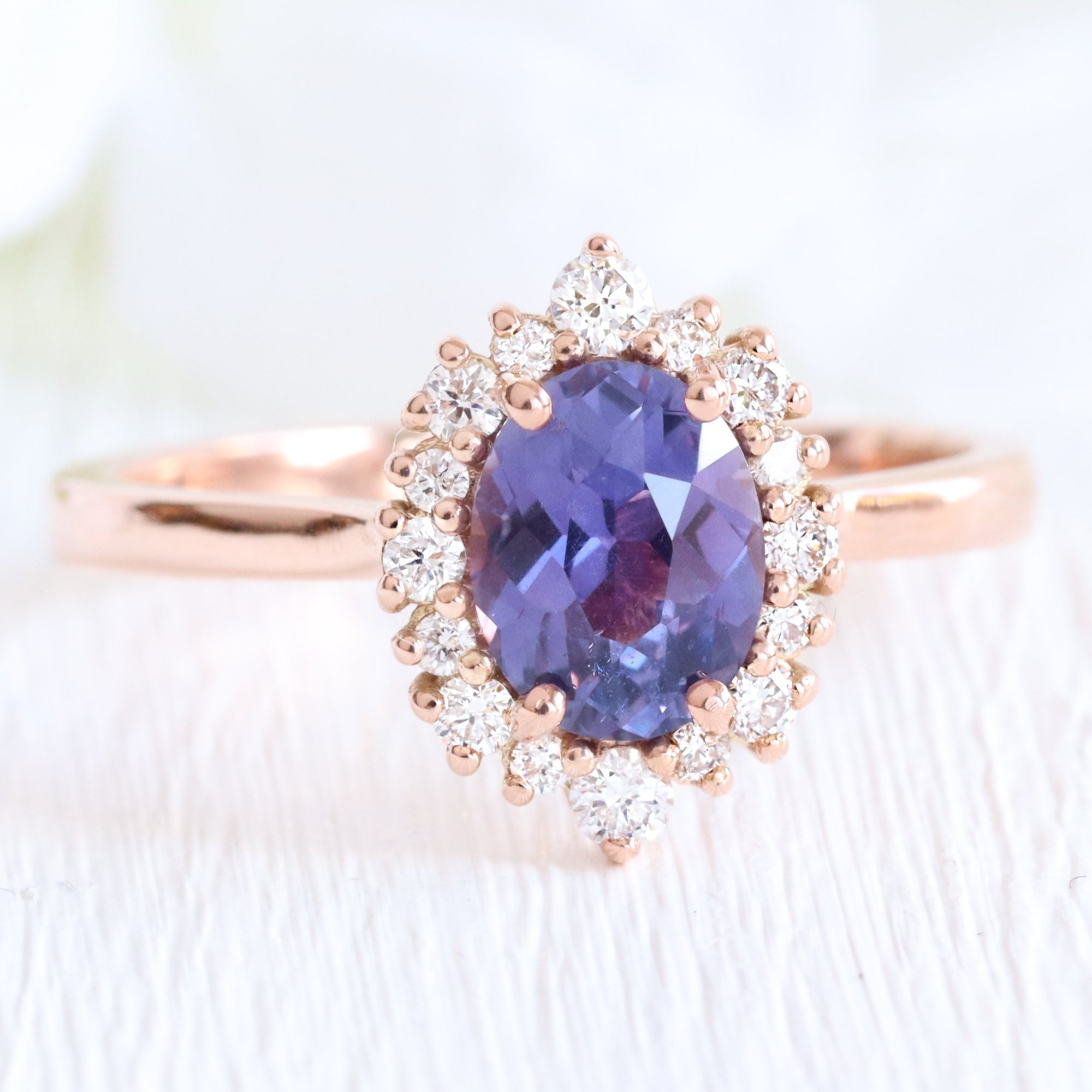 Oval purple sapphire ring rose gold halo diamond sapphire engagement ring la more design jewelry