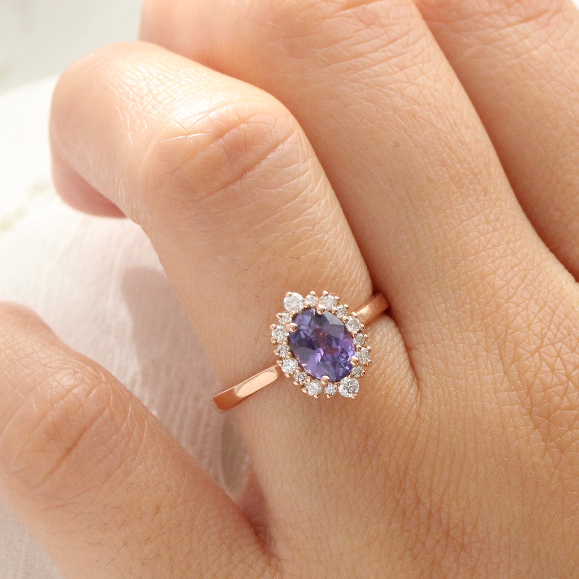 Oval purple sapphire ring rose gold halo diamond sapphire engagement ring la more design jewelry