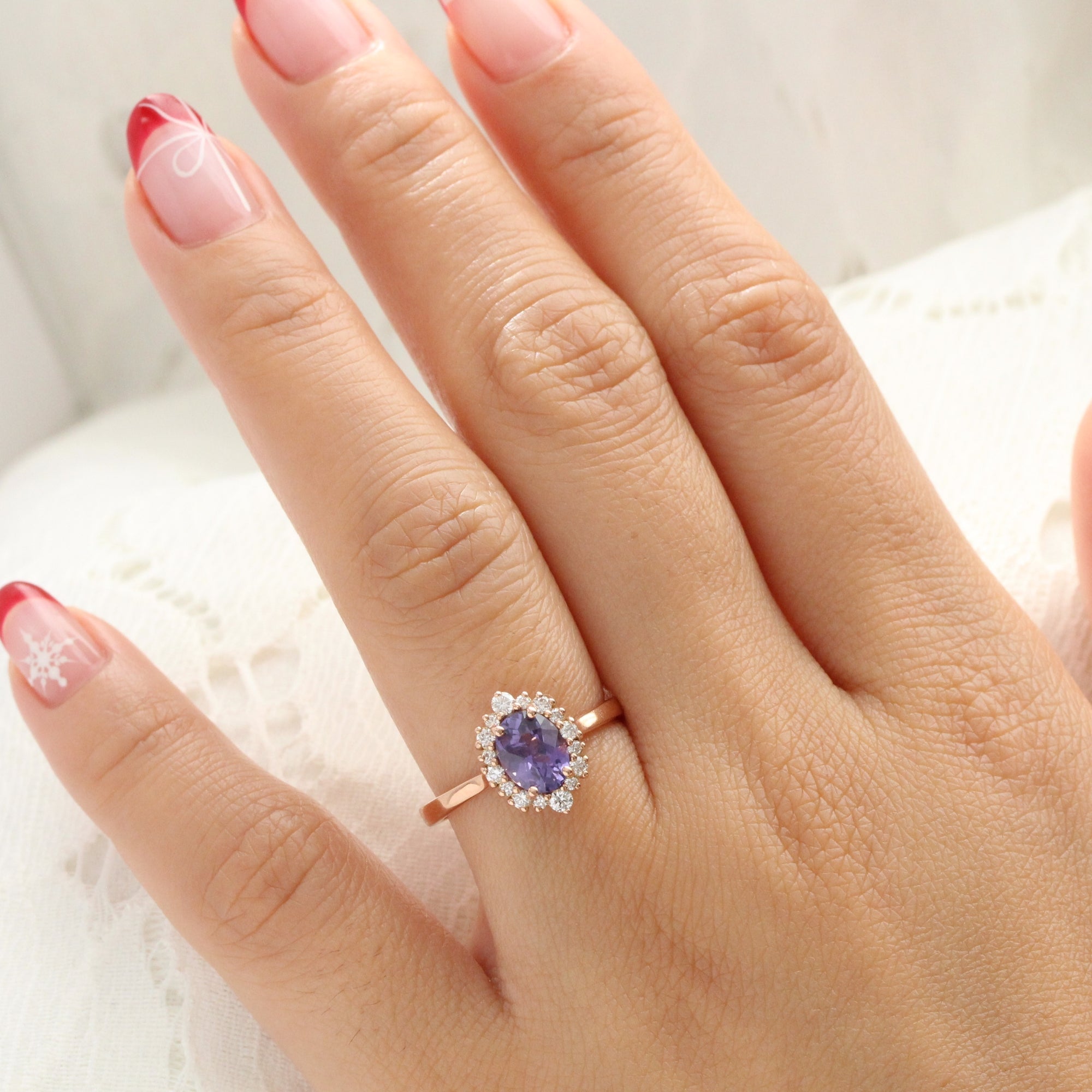 Oval purple sapphire ring rose gold halo diamond sapphire engagement ring la more design jewelry