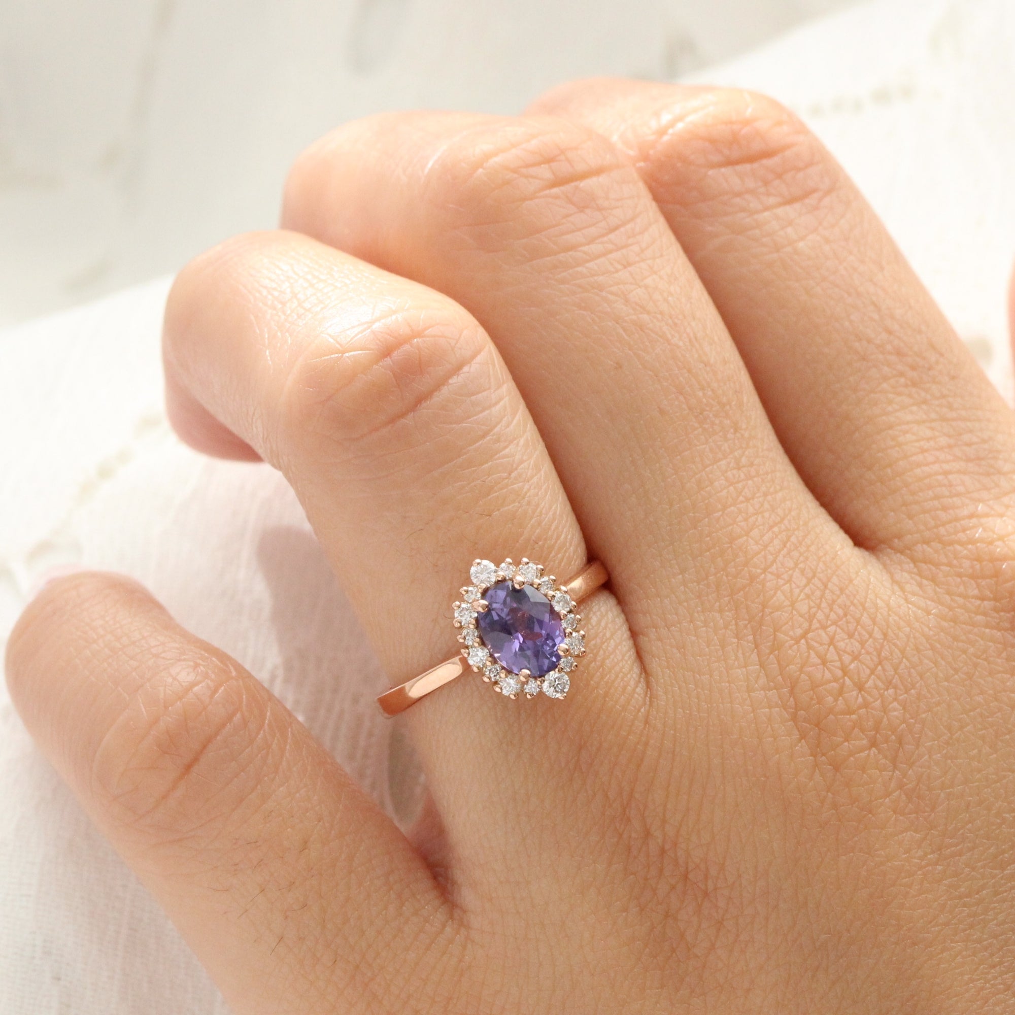 Oval purple sapphire ring rose gold halo diamond sapphire engagement ring la more design jewelry