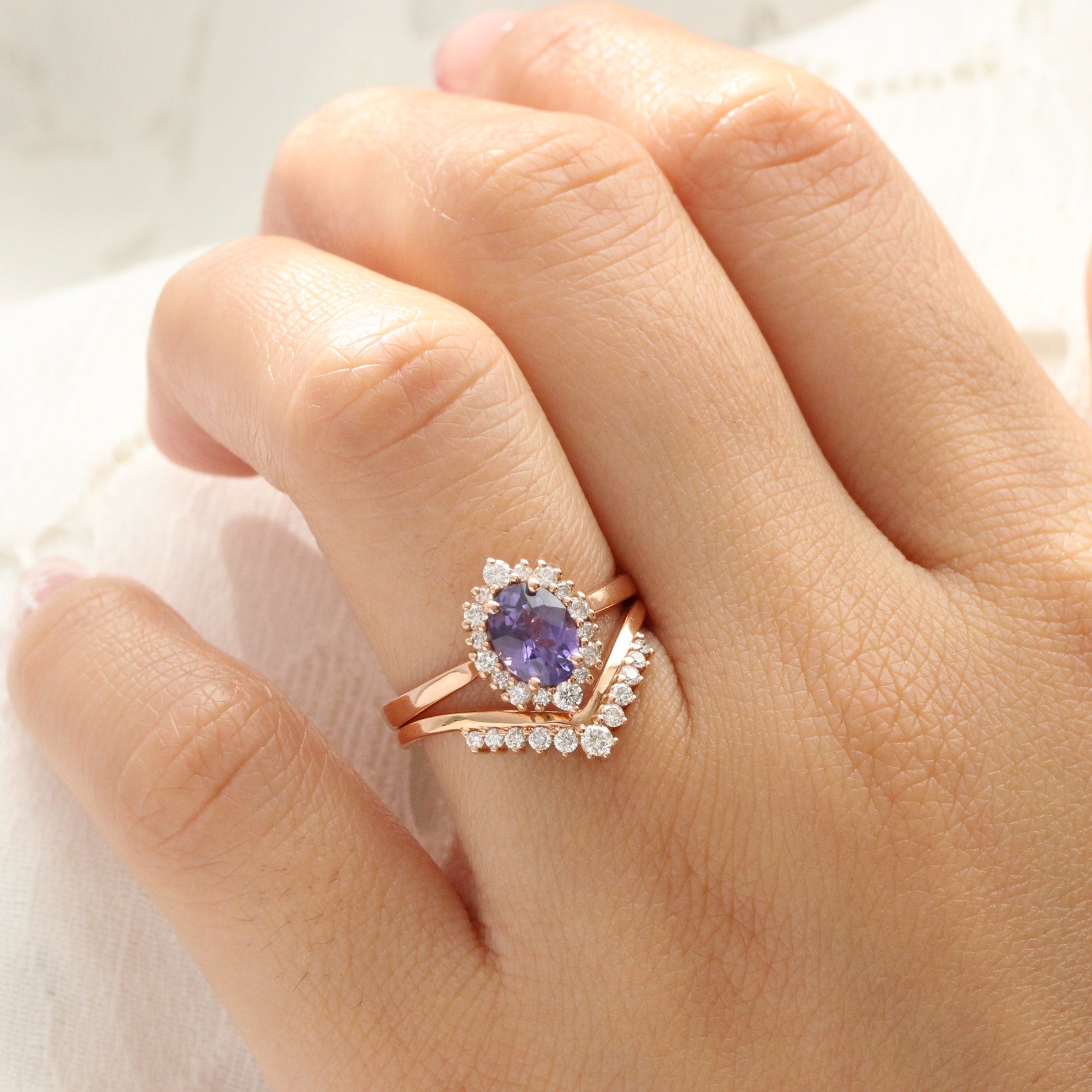Oval purple sapphire ring rose gold halo diamond sapphire engagement ring la more design jewelry