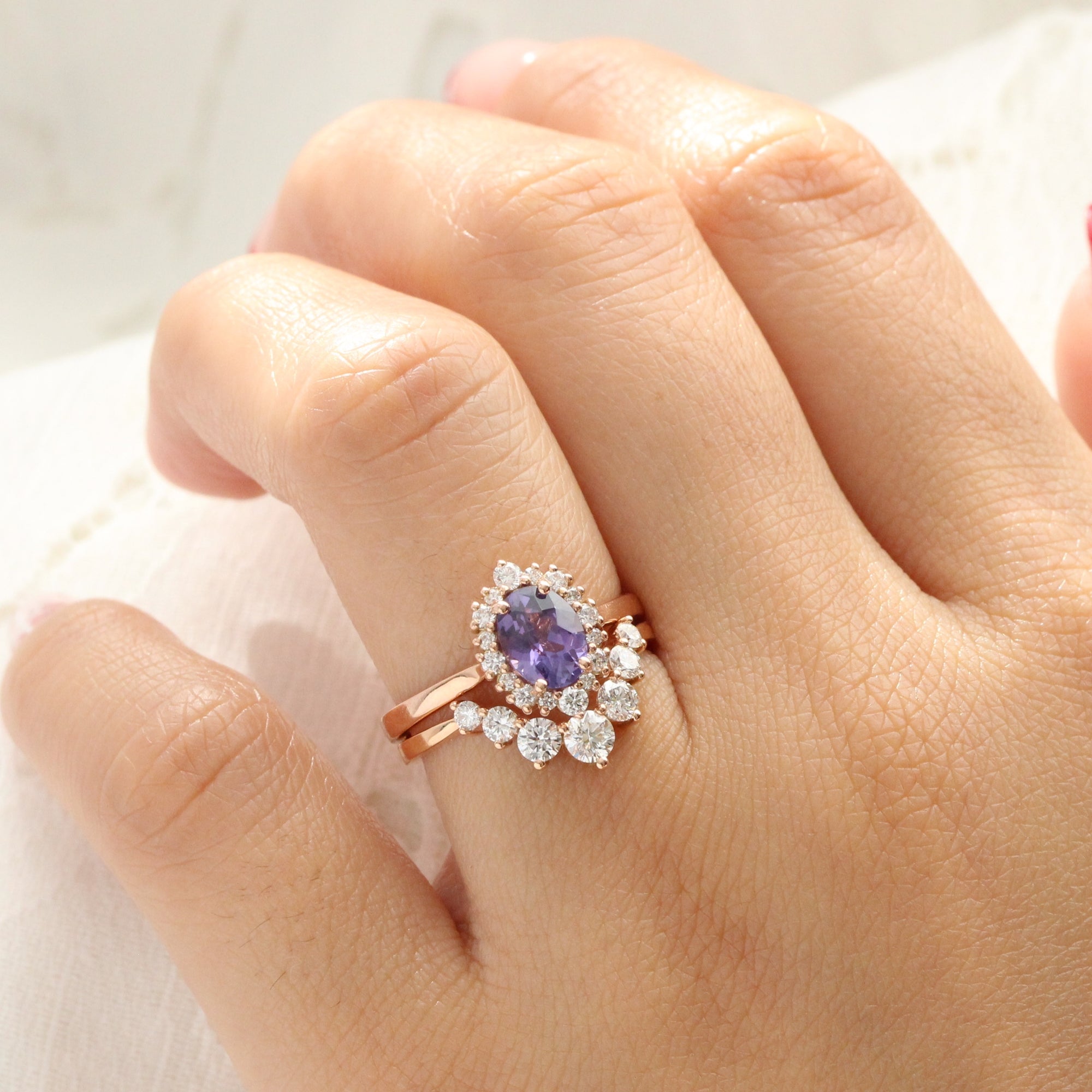 Oval purple sapphire ring rose gold halo diamond sapphire engagement ring la more design jewelry