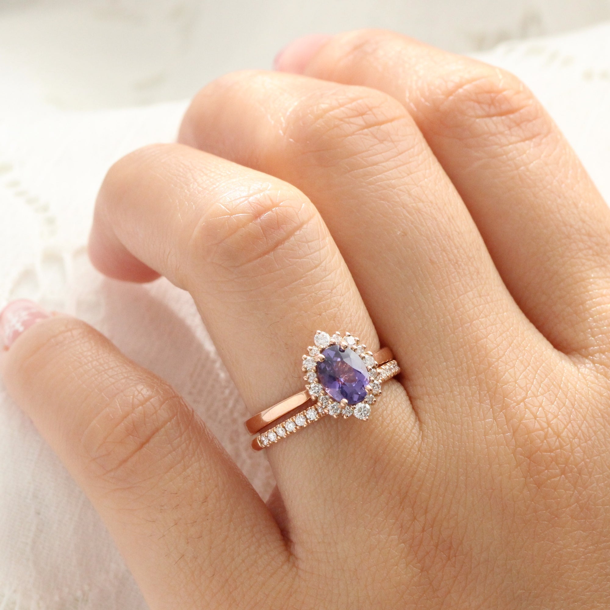 Oval purple sapphire ring rose gold halo diamond sapphire engagement ring la more design jewelry