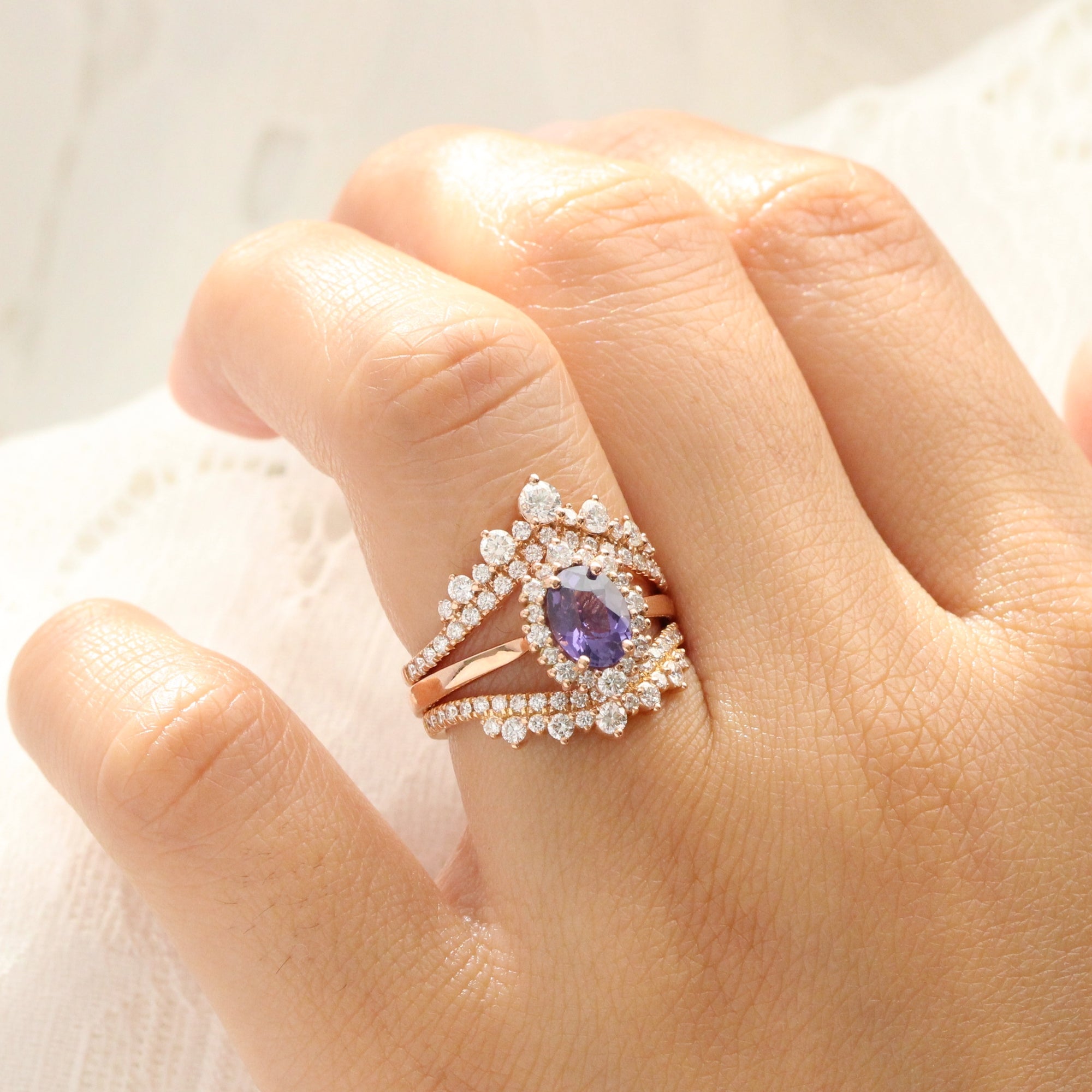 Oval purple sapphire ring rose gold halo diamond sapphire engagement ring la more design jewelry