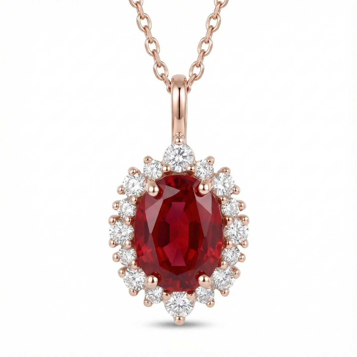 Oval red ruby pendant rose gold tiara halo diamond ruby necklace la more design jewelry
