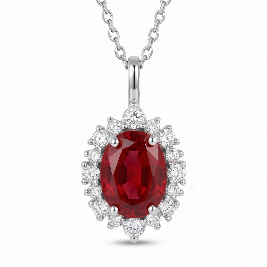 Oval red ruby pendant white gold tiara halo diamond ruby necklace la more design jewelry
