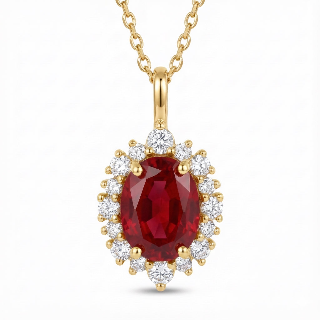 Oval red ruby pendant yellow gold tiara halo diamond ruby necklace la more design jewelry