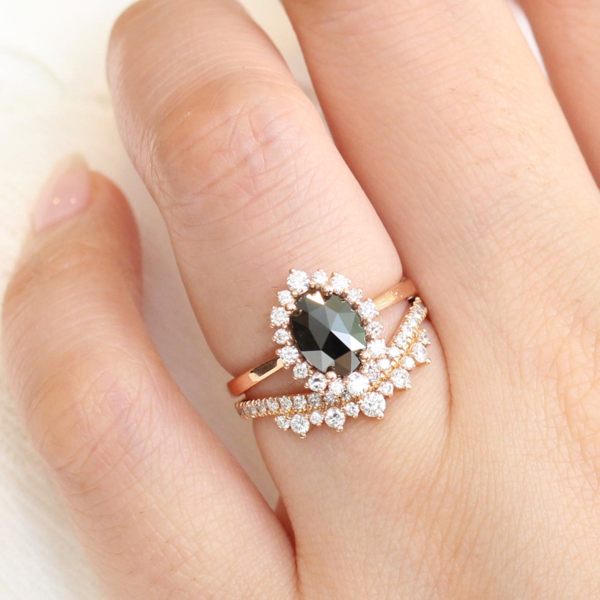 Oval rose cut black diamond ring rose gold and crown diamond wedding set by la more design jewelry