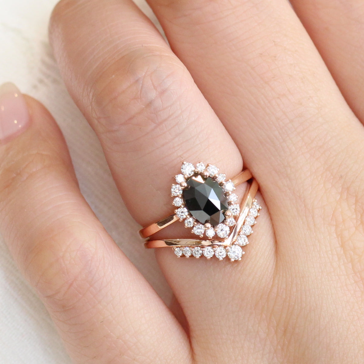 Oval rose cut black diamond ring rose gold and v shaped diamond wedding set by la more design jewelry