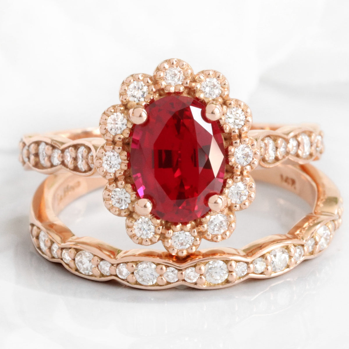 Vintage Halo Diamond Ruby Ring Bridal Set Gold Pear Ruby Wedding Set Vintage Halo Diamond Ruby Ring Bridal Set Gold Pear Ruby Wedding Set