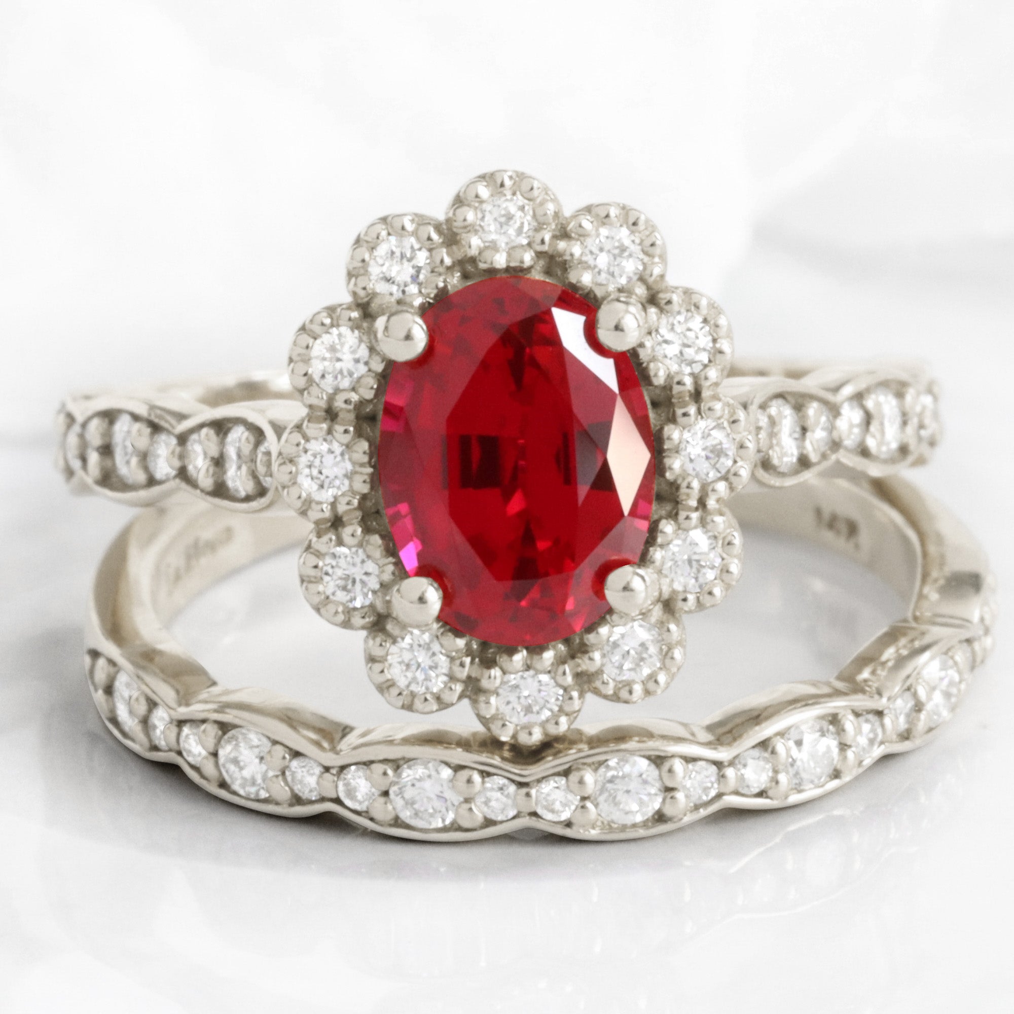 Oval ruby engagement ring bridal set white gold vintage halo diamond ruby ring stack la more design jewelry