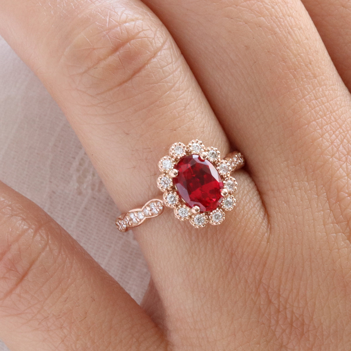 Oval ruby engagement ring rose gold vintage halo diamond ruby ring la more design jewelry