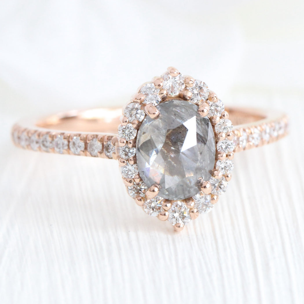 Belize Diamond Rings Natural Oval Salt and Pepper Diamond Ring Rose Gold Halo Cluster Ring ...