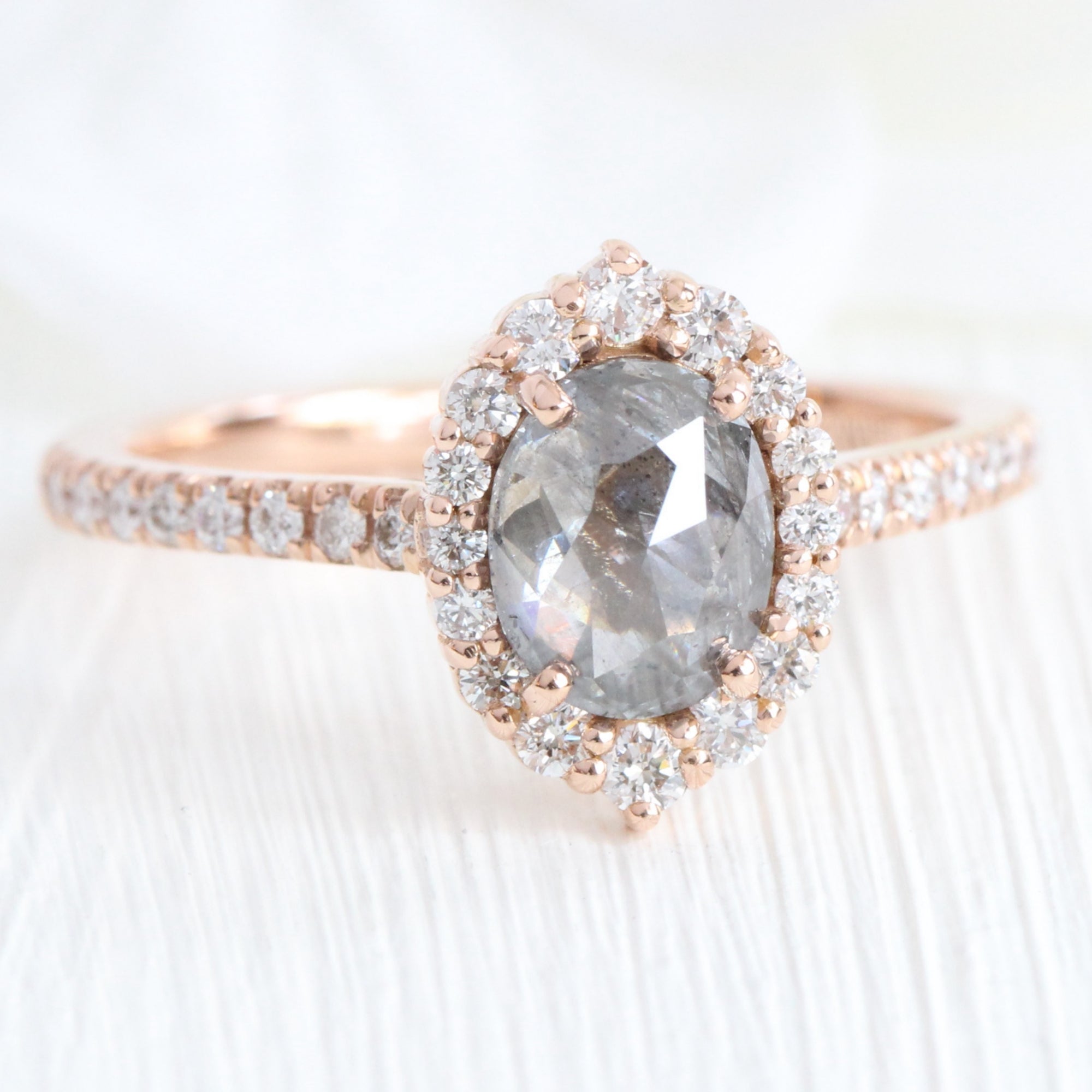 Natural Oval Salt and Pepper Diamond Ring Rose Gold Halo Cluster
