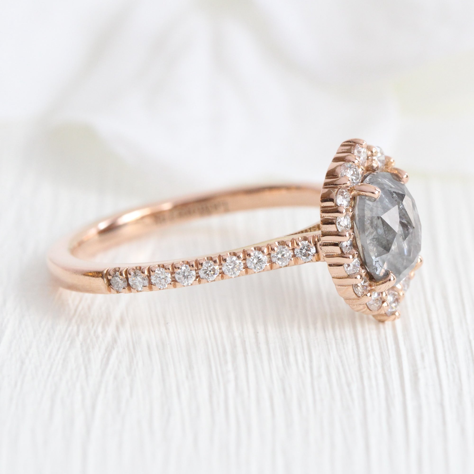Oval salt and pepper diamond ring rose gold grey diamond halo ring la more design jewelry