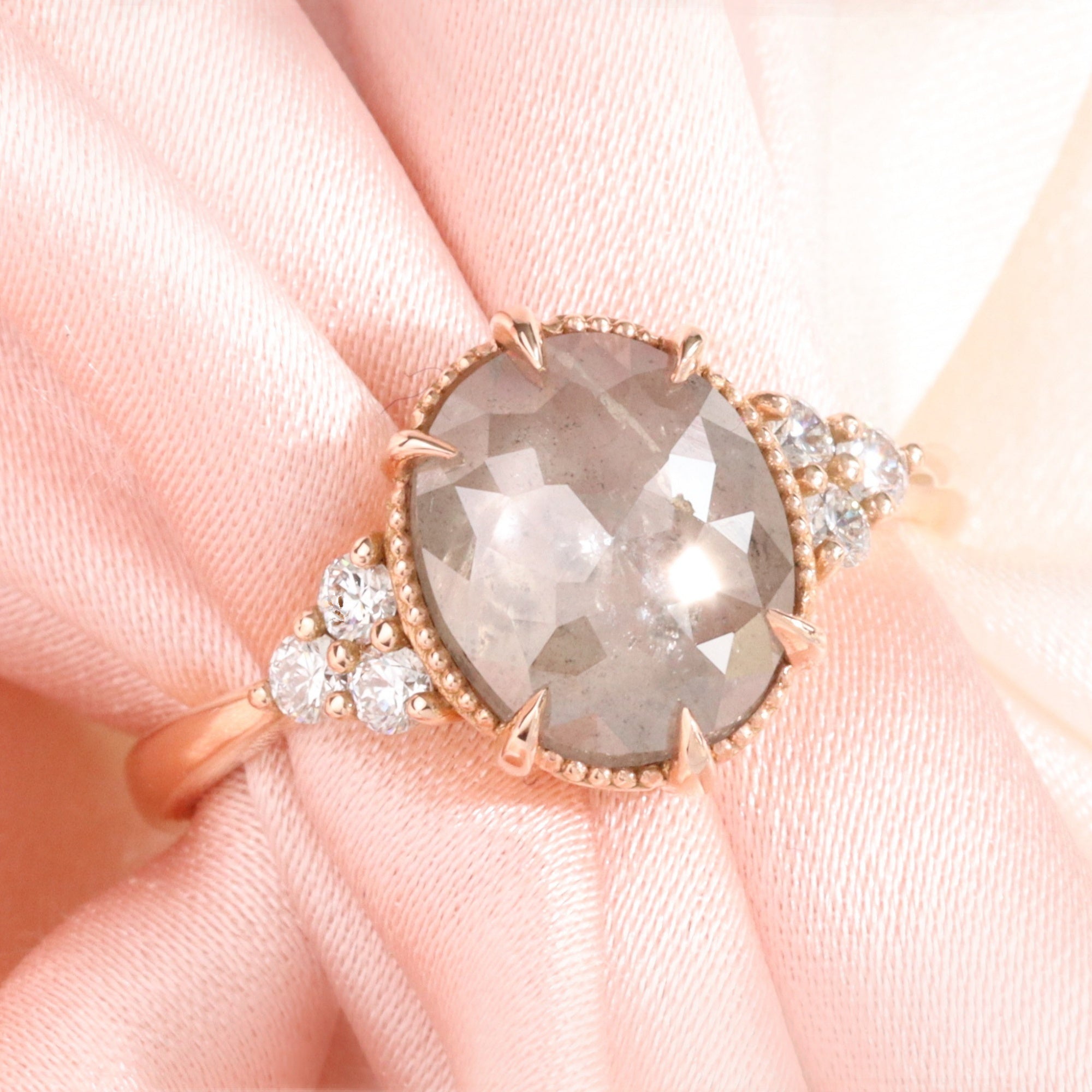 Oval salt and pepper diamond ring rose gold vintage 3 stone ring la more design jewelry