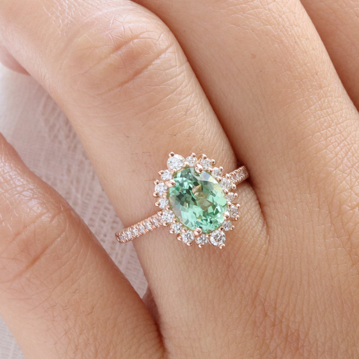 Oval seafoam green sapphire engagement ring rose gold halo diamond sapphire ring la more design jewelry