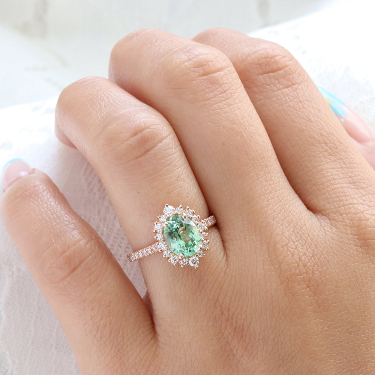 Belize Diamond Rings Large Oval Green Sapphire Engagement Ring Halo Diamond Pave Band Gold ...