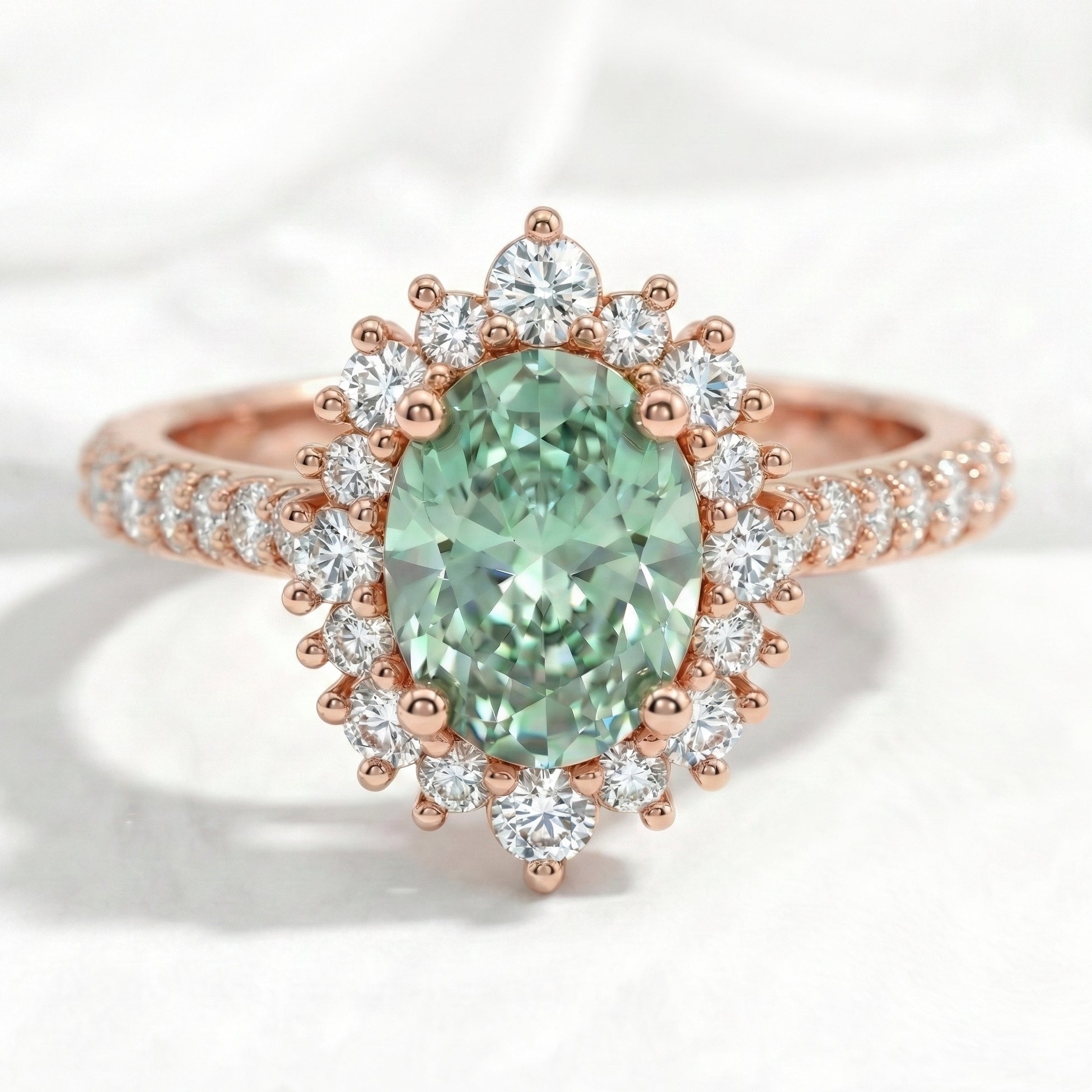 Oval seafoam green sapphire engagement ring rose gold halo diamond sapphire ring la more design jewelry