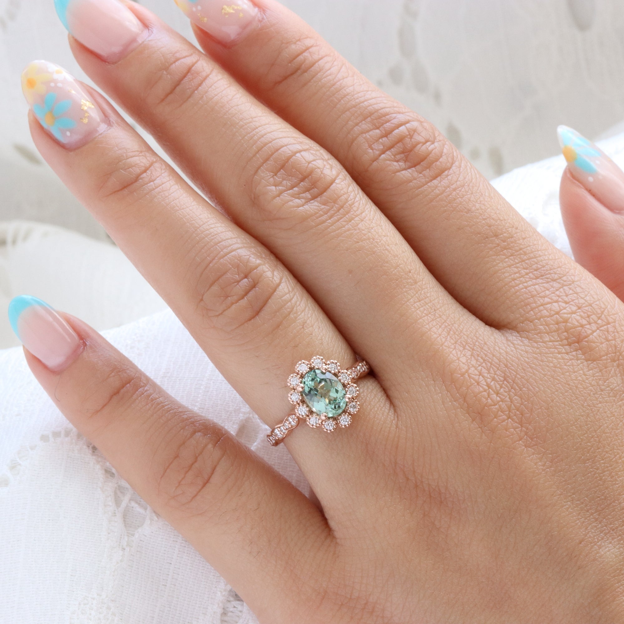 Oval seafoam green sapphire engagement ring rose gold vintage halo diamond sapphire ring la more design jewelry