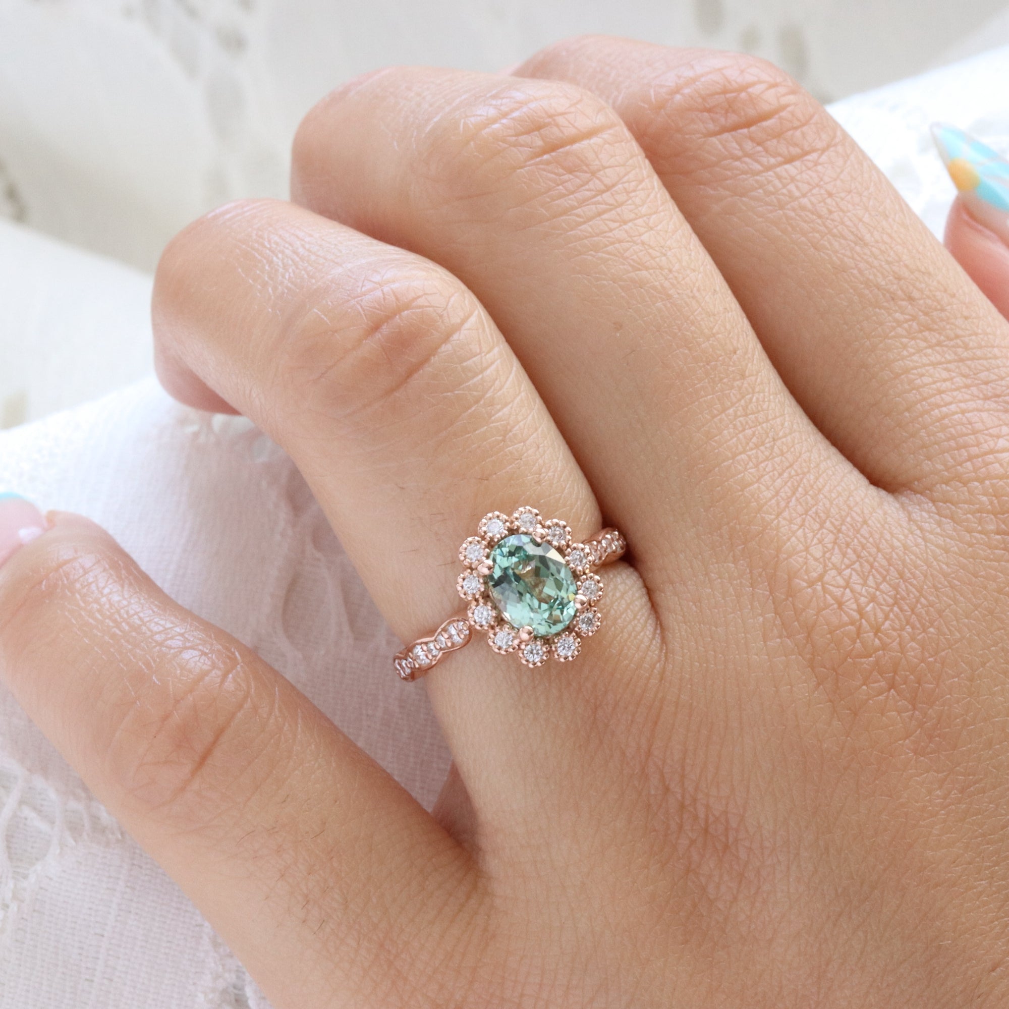 Oval seafoam green sapphire engagement ring rose gold vintage halo diamond sapphire ring la more design jewelry