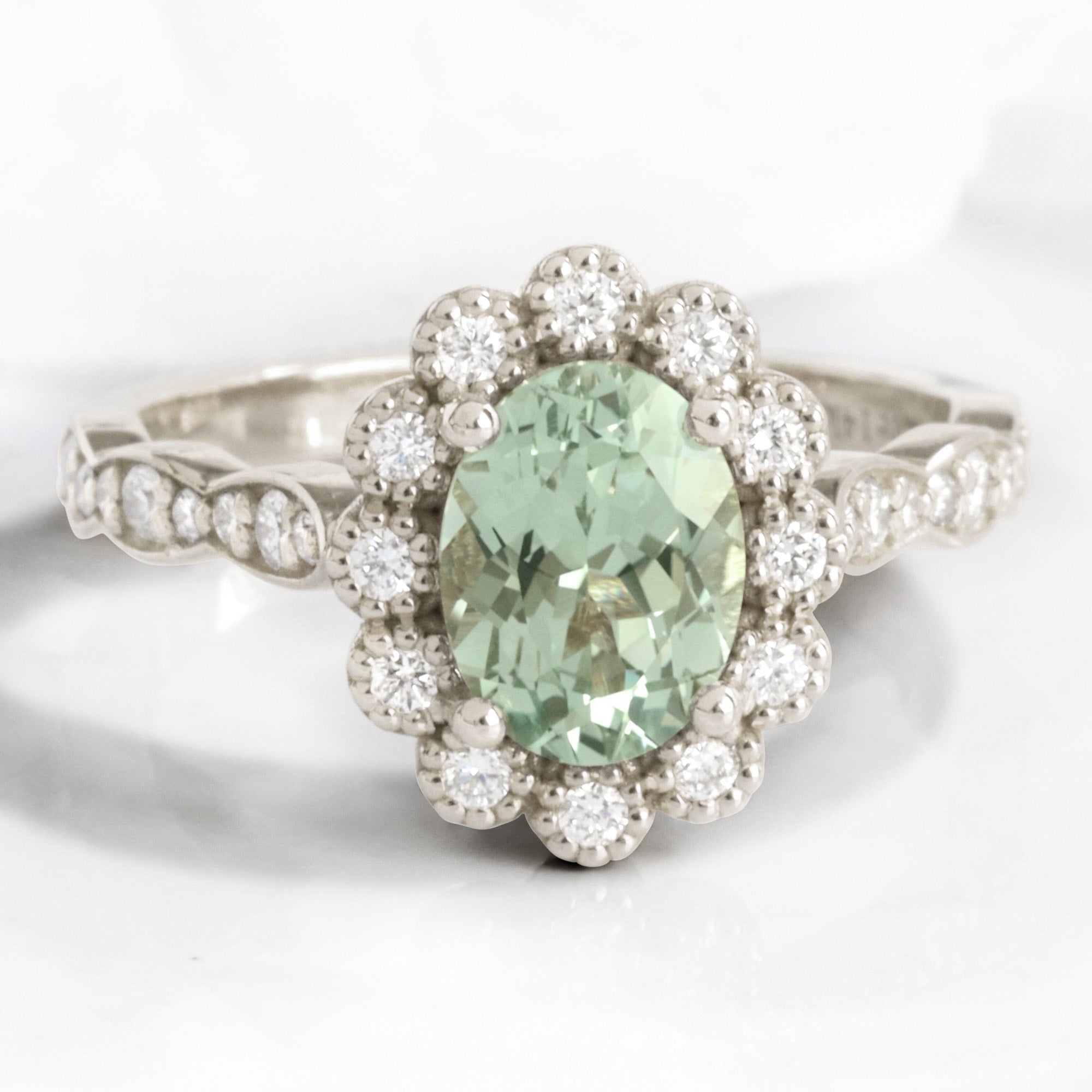 Oval seafoam green sapphire engagement ring white gold vintage halo diamond sapphire ring la more design jewelry