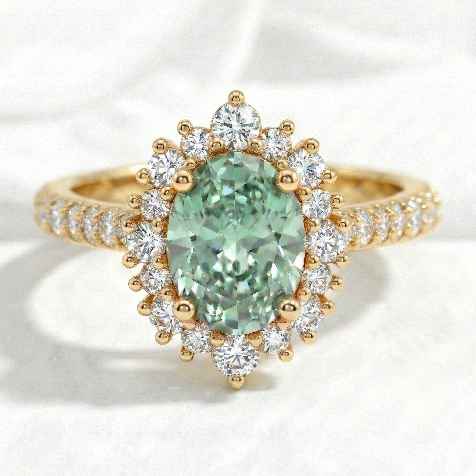 Oval seafoam green sapphire engagement ring yellow gold halo diamond sapphire ring la more design jewelry