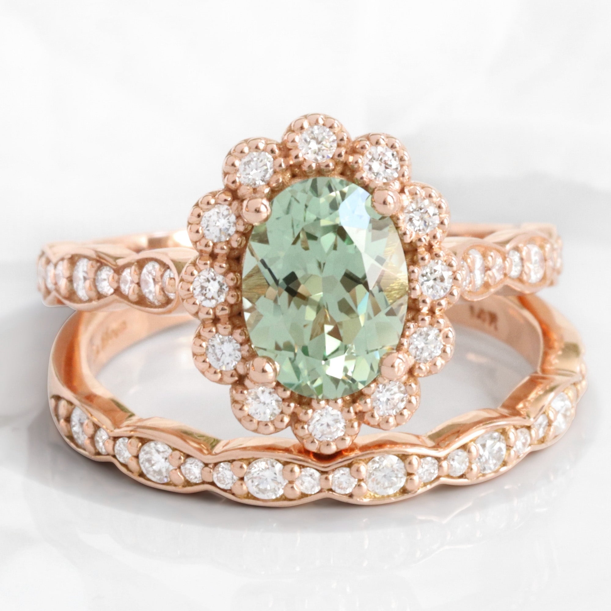 Vintage style green sapphire ring bridal set rose gold curved diamond wedding ring stack la more design jewelry