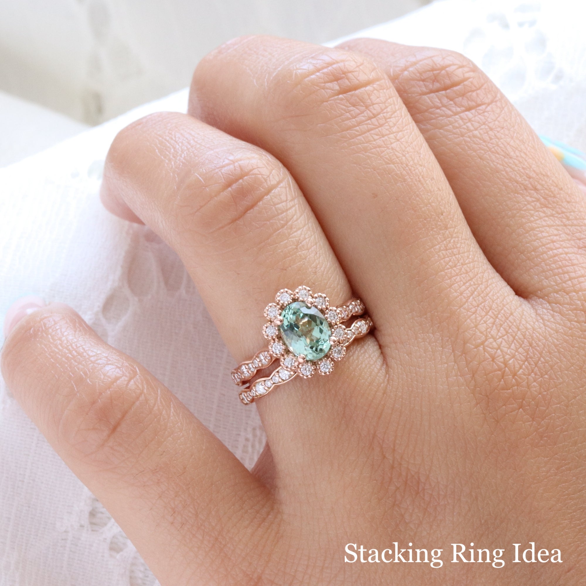 Oval seafoam green sapphire engagement ring rose gold vintage halo diamond sapphire ring la more design jewelry