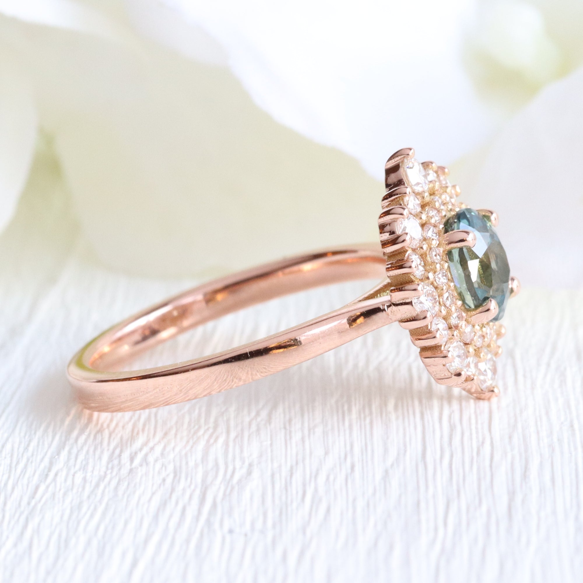 Oval teal green sapphire ring rose gold double halo diamond engagement ring la more design jewelry