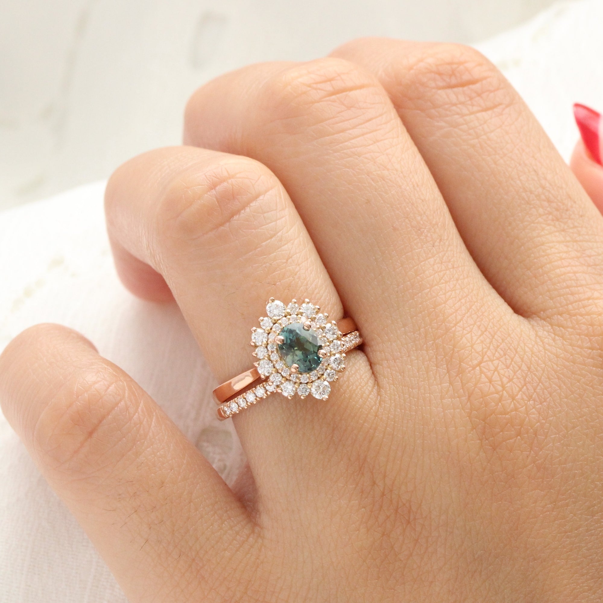 Oval teal green sapphire ring rose gold double halo diamond engagement ring la more design jewelry