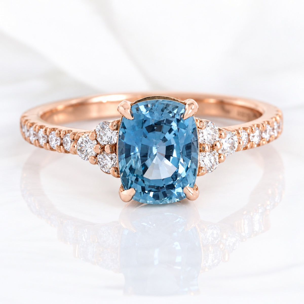 Peacock blue sapphire ring rose gold cushion blue sapphire diamond 3 stone ring la more design jewelry