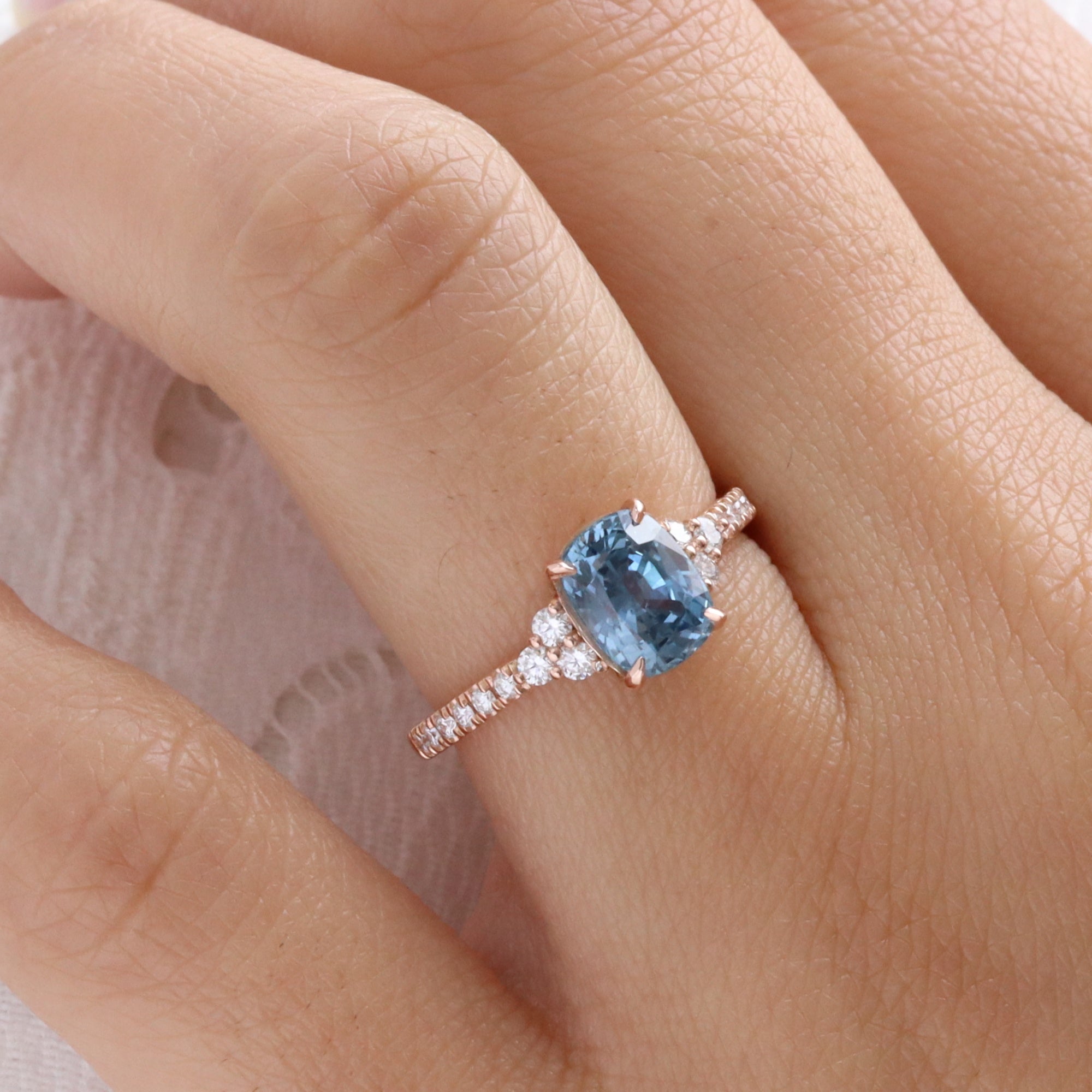 Elongated cushion blue sapphire engagement ring rose gold blue sapphire diamond 3 stone ring la more design jewelry