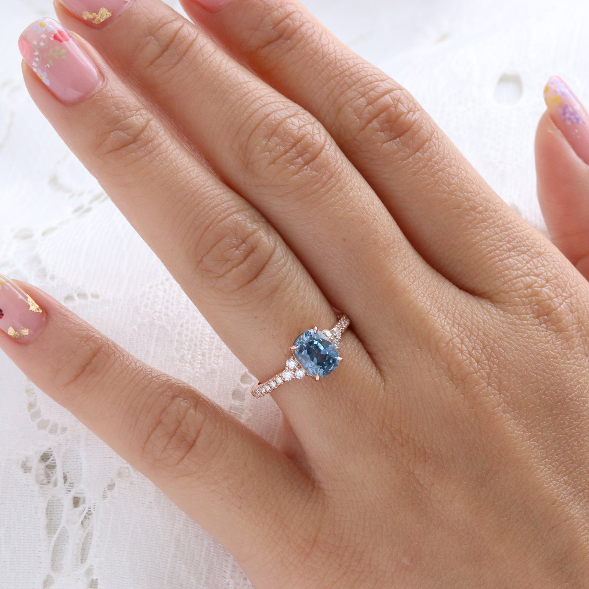 Elongated cushion blue sapphire engagement ring rose gold blue sapphire diamond 3 stone ring la more design jewelry