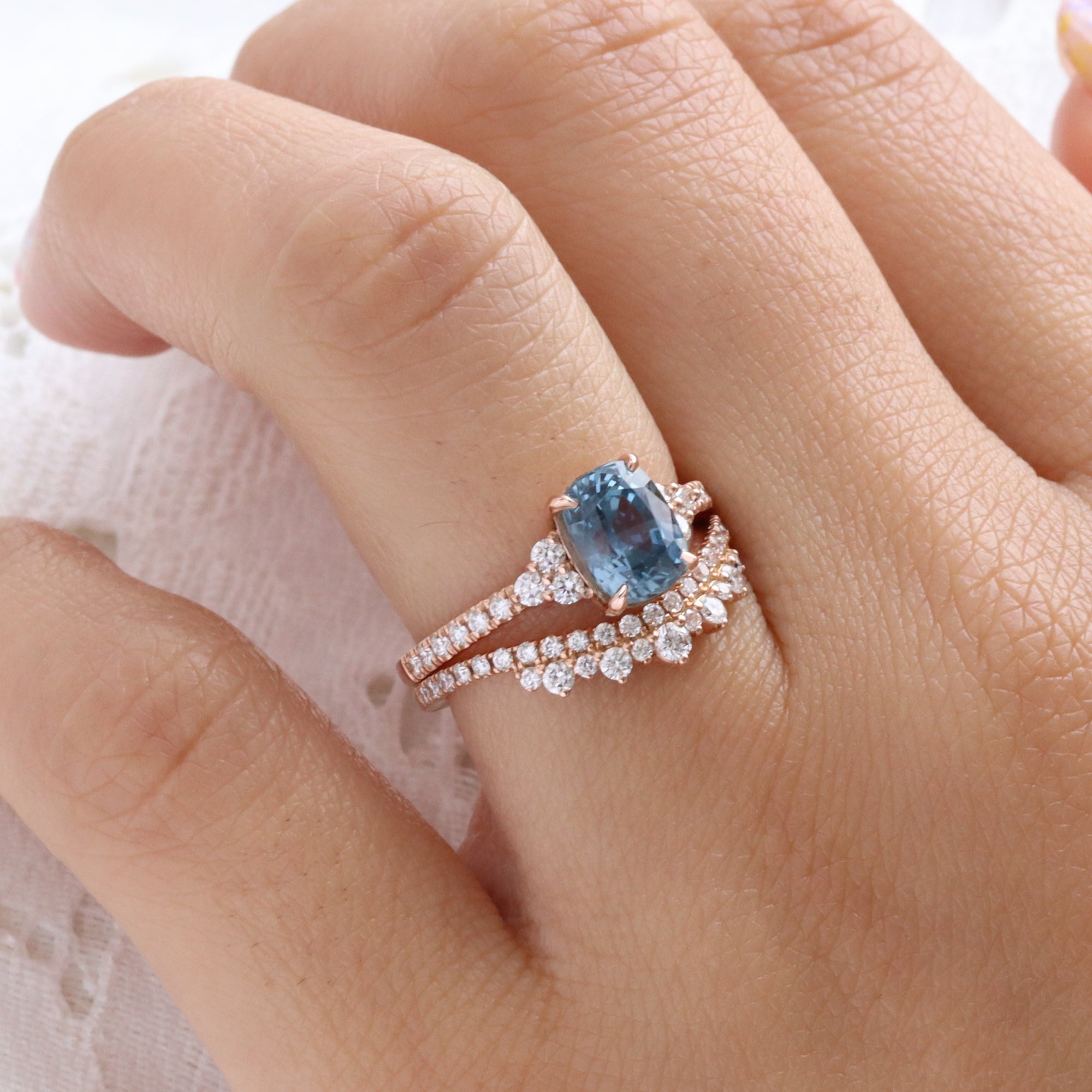 Elongated cushion blue sapphire engagement ring rose gold blue sapphire diamond 3 stone ring la more design jewelry