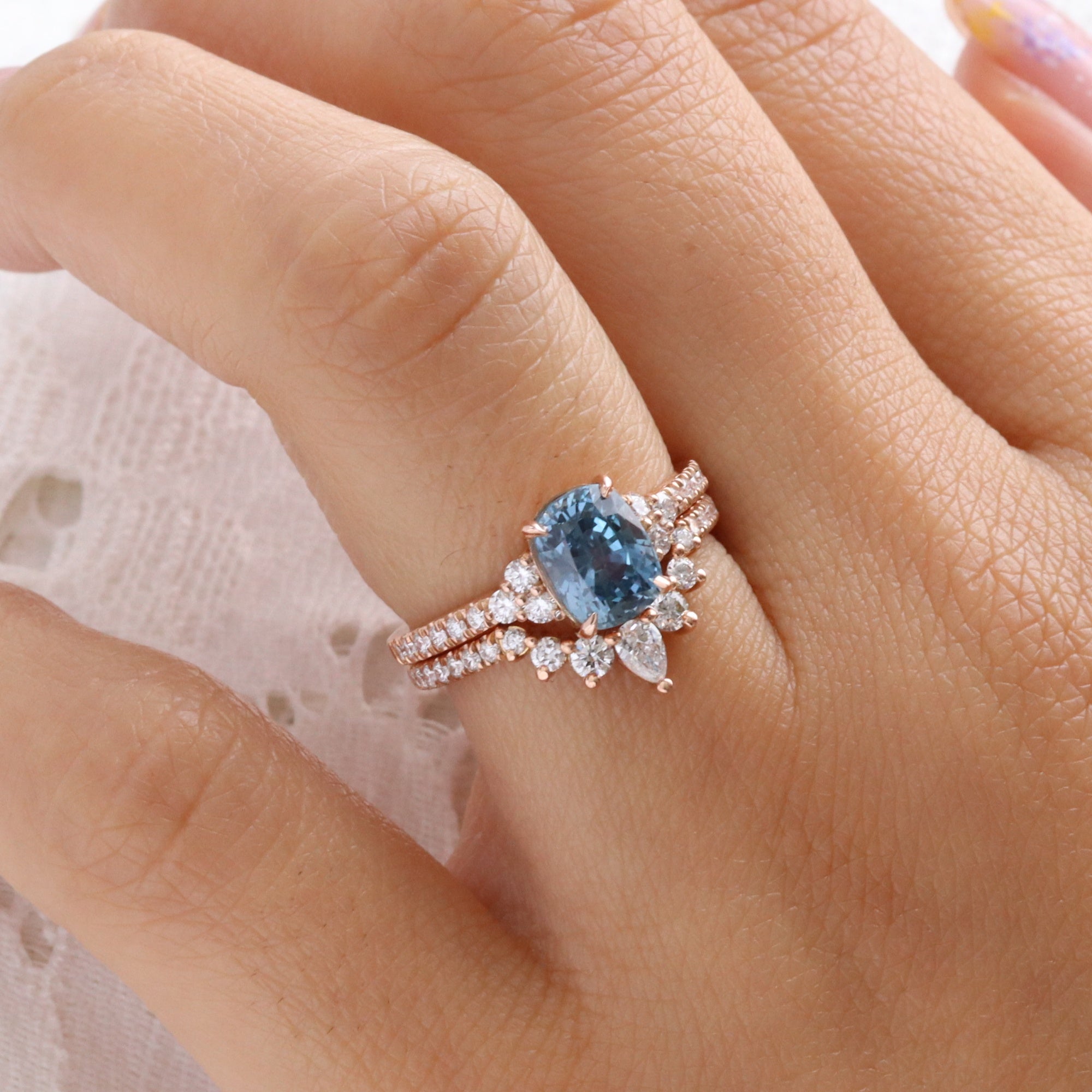 Elongated cushion blue sapphire engagement ring rose gold blue sapphire diamond 3 stone ring la more design jewelry