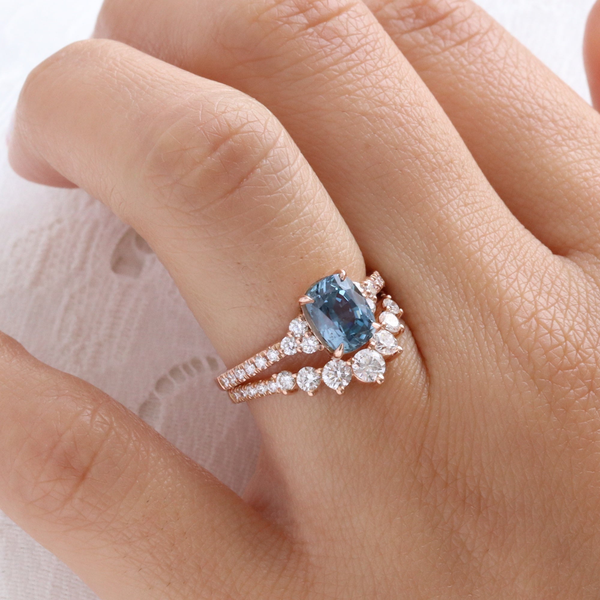 Elongated cushion blue sapphire engagement ring rose gold blue sapphire diamond 3 stone ring la more design jewelry
